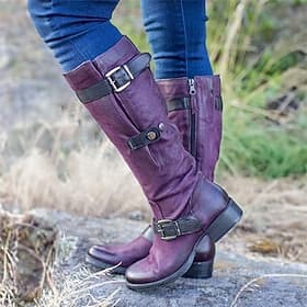 Lilafarbene kniehohe Stiefel aus Kunstleder für Damen mit Schnallenriemen und seitlichem Reißverschluss, Motorradstiefel im Vintage-Stil für den Außenbereich u