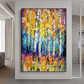 Handmade Hand Painted Oil Painting Wall Art Spring Birch Forest Painting On Canvas Modern Texture Green Tree Painting Decor Rolled Canvas No Frame Unstretched