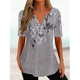 Femmes T-shirt Chemise Henley Boutons Imprimé Fleuri Tunique Basique Manche Courte Col rond Hauts Réguliers Fête Week-end Bleu Blanche Jaune Vert Claire Vert