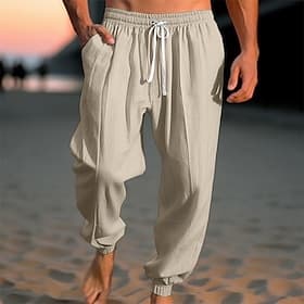 Men's Linen Pants Trousers Summer Pants Beach Pants Drawstring Elastic Waist Elastic Cuff Plain Comfort Breathable Casual Daily Holiday Fashion Classic Style A