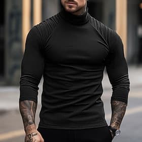 Herren T Shirt T-Shirt Langarm Rollkragen Sommer Einfach Schmale Falten Mode Designer Basic Urlaub Straße Ausgehen Schwarz Weiß Marineblau Top T-Shirt für Herr