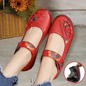 Women's Red Leather Barefoot Mary Jane Flats – Embroidered Floral Casual Comfort Shoes with Hook  Loop Straps