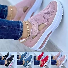Baskets compensées à enfiler en maille respirante bleue et rose pour femmes avec semelle à coussin d'air - parfaites pour les promenades décontractées et le qu