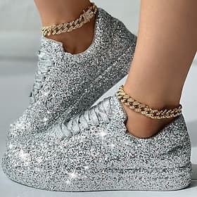 Women's Silver Glitter Platform Sneakers - Sparkly Lace-Up Casual Shoes for Parties and Street Style