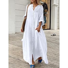 Women's Maxi long Dress Maxi Dress Linen-feel Dresses Shirt Dress White Dress Black Dress Fashion Daily Classic Daily Outdoor Vacation Loose Fit Plain Long Sle
