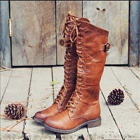 Women's Vintage Brown Faux Leather Riding Boots with Lace-Up and Buckle Detail - Knee-High Equestrian Style for Casual and Outdoor Wear