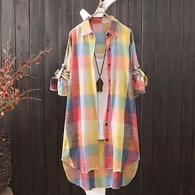 Women's Shirt Cotton Blend Blouse Print Plaid Casual Long Sleeve Shirt Collar Long Tops Casual Blue Black Red Royal Blue Summer Spring   Fall