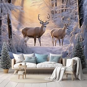 Winter Wonderland Hanging Tapestry Wall Art Large Tapestry Mural Decor Photograph Backdrop Blanket Curtain Home Bedroom Living Room Decoration Snow Reindeer
