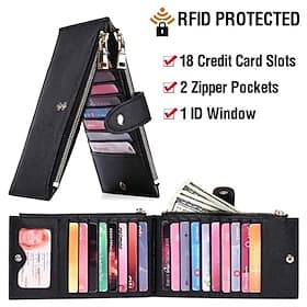RFID Blocking Bifold Purse Credit Card Holder PU Leather Billfold Card Holder Wallet Double Zipper Hasp Card Purse
