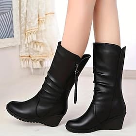 Women's Black Mid - Calf Wedge Boots, Soft Faux Leather with Side Zipper, Stylish  Comfortable for Daily Casual Wear