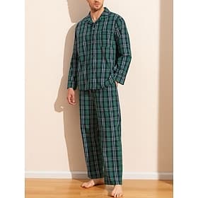 Men's Loungewear Sleepwear Pajama Set Pajama Top and Pant 2 Pieces Plaid Stylish Casual Comfort Home Daily Cotton Comfort Lapel Long Sleeve Shirt Pant Drawstri