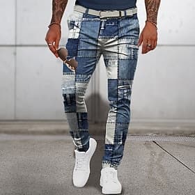 Patrón de patchwork Geometría a cuadros Negocios para hombres Pantalón de vestir con estampado 3D Pantalones de ajuste clásico Pantalón frontal plano Azul mari