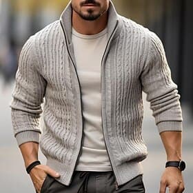 Men's Sweater Cardigan Sweater Cardigan Zip Sweater Cropped Sweater Ribbed Knit Regular Knitted Plain Stand Collar Warm Ups Modern Contemporary Daily Wear Goin