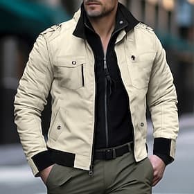 Men's Trucker Jacket Bomber Jacket Utility Jacket Transition Jacket Outdoor Daily Wear Wearable Pocket Spring   Fall Plain Fashion Streetwear Standing Collar S
