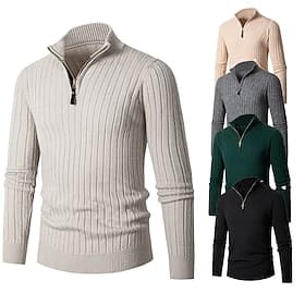 Men's Pullover Sweater Jumper Quarter Zip Pullover Sweater Jumper Ribbed Knit Regular Knit Plain Quarter Zip Modern Contemporary Work Daily Wear Clothing Appar