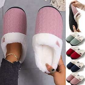 Women's Pink Knit Fleece-Lined Slippers - Cozy Indoor Winter Shoes with Non-Slip Sole