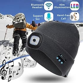 Bluetooth Beanie Hat with Lights Microphones Rechargeable Headlamp Cap Wireless Headphones Valentine's Day Gifts for Men Women Dad Teen