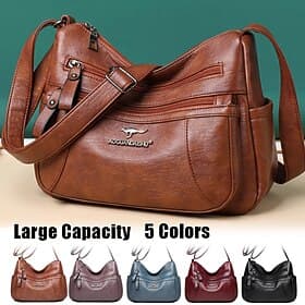 Women's Black Faux Leather Shoulder Bag – Multi-Pocket Crossbody Handbag for Work, Travel, and Daily Use