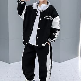 2 Pieces Kids Boys Tracksuits Outfit Stripe Letter Long Sleeve Button Cotton Set Daily Spring Fall 7-13 Years Black Gray