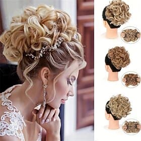 mariée gros chignon en désordre, chignon bouclé synthétique avec clips de peigne, queue de cheveux couverture chignon extension de queue de cheval faux cheveux