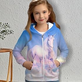 Girls' 3D Horse Hoodie Coat Outerwear Long Sleeve 3D Print Fall Winter Active Fashion Cute Polyester Kids 3-12 Years Outdoor Casual Daily Regular Fit