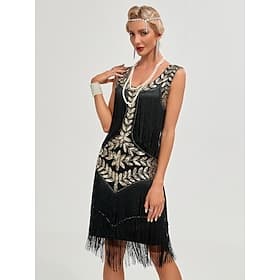 Années Folles Années 1920 Mi-long Robe Robe Charleston Sans manches Gatsby le Magnifique Charleston Invité au mariage Paillettes Frange à pompons Col Rond Dégu
