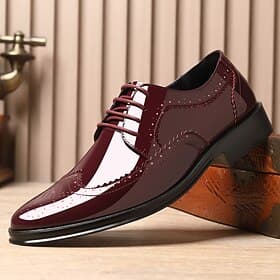 Men's Burgundy Patent Leather Wingtip Oxford Shoes – Classic Brogue Dress Shoes for Weddings, Business, and Formal Events