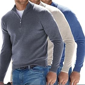 Men's Sweater Dress Sweater Pullover Sweater Jumper Ribbed Knit Cropped Zipper Knitted Solid Color Stand Collar Stylish Basic Outdoor Daily Clothing Apparel Fa
