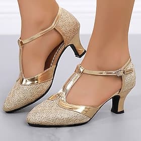 Women's Gold Glitter T-Strap Dance Shoes, Low Heel and Mid Heel Ballroom Latin Performance Heels for Salsa and Tango