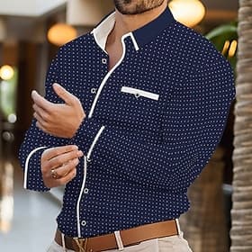 Men's Shirt Summer Shirt Dress Shirt Button Up Shirt Casual Shirt White Wine Navy Blue Long Sleeve Geometric Lapel Daily Vacation Patchwork Clothing Apparel Fa