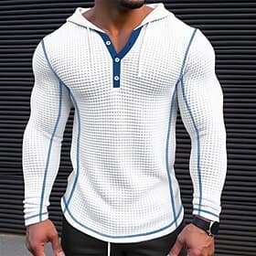 Herren T Shirt Waffel-Henley-Hemd Henley Hemd T-Shirt Langarm Henley Frühling  Herbst Einfach Mode Designer Basic Patchwork Mit Kapuze Urlaub Straße Ausgehen W