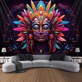 Blacklight Tapestry UV Reactive Glow in the Dark Glow Party Neon Trippy Misty Pharaoh Egypt Hanging Tapestry Wall Art Mural for Living Room Bedroom