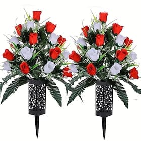 1 Stück künstliche Friedhofsblumen, Rosenblüten, Grabschmuck für draußen, Rosen, haltbare  nicht verblassende Farben, rot  weiß, ohne Friedhofsvase