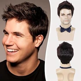 Men's Short Wigs 6 Inch Short Dark Brown Wigs Synthetic Straight Layered Wigs For Daily Cosplay Party Costume Wear