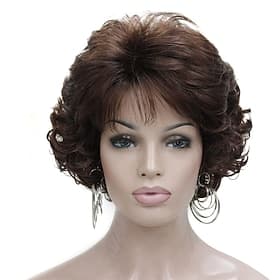 Perruque ondulée courte bouclée marron foncé avec frange de cheveux 100 % importée de qualité supérieure - Perruques de cheveux marron synthétiques pour femme