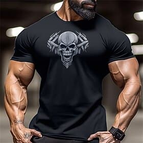 Mannen's Edgy Skull Graphic Korte Mouw T-Shirt - Spier Pasvorm Gym Fitness T-shirt