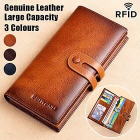 Men's Genuine Leather Long Wallet – Vintage Bifold Clutch with Card Slots  Coin Pocket for Business  Casual Use