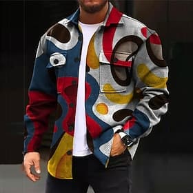 Men's Ombre Color Block Geometric Pattern Shirt Shirt Jacket Overshirt Long Sleeve Casual Outdoor Street Casual Daily Fall  Winter Turndown Buttons Pocket Prin