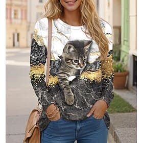 T-shirt femme col rond à manches longues tunique imprimé drôle de chat tops réguliers col rond quotidien week-end jaune printemps et automne