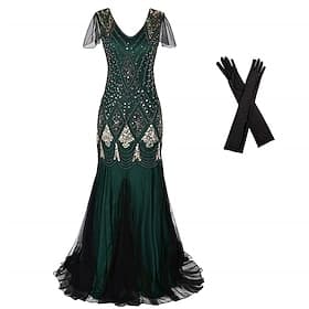 Années Folles Années 1920 Longueur au sol Robes de Soirée Tenues Ensemble d'accessoires Manches courtes Gatsby le Magnifique Invité au mariage Paillettes Paill