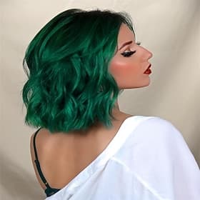 Jolelyne Green Curly Wavy Bob Wig withnbsp;Bangs Dark Green Wavy Bob Wig for Women Short Curly Bob Olive Green Wig with Curtain Bangs Curly Bob Wig with Bangs
