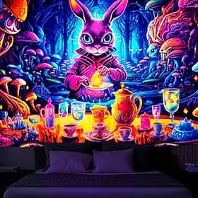 Mushroom Wonderland Blacklight Tapestry UV Reactive Glow in the Dark Rabbit Magic World Nature Landscape Hanging Tapestry Wall Art Mural for Living Room Bedroo