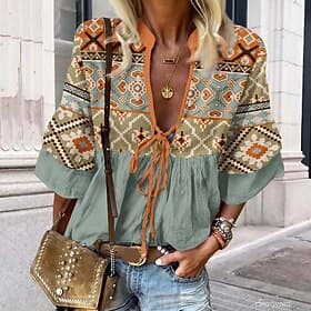 camisa feminina renda blusa étnica renda estampa manga 3/4 comprimento regular tops decote v casual férias rosa azul laranja verde primaveraamp;  cair