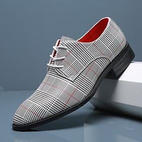 Men's Classic Plaid Lace-Up Oxford Shoes with Red Lining – Vintage Checkered Dress Shoes for Formal Events, Office Wear, and Evening Parties