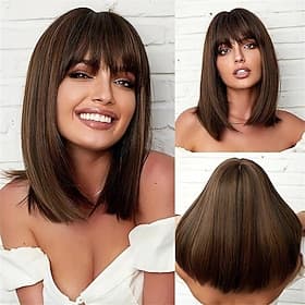 Perruque Bob brune avec frange aérienne, longueur d'épaule, perruque lisse pour femmes, perruque synthétique en fibre résistante à la chaleur, aspect naturel,