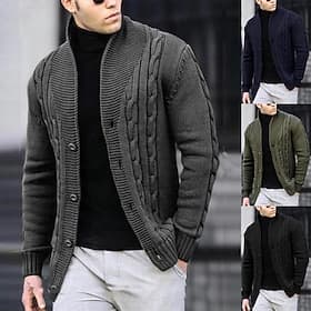 Men's Cardigan Sweater Cropped Sweater Cable Knit Regular Button Up Plain Lapel Vintage Warm Ups Casual Daily Wear Clothing Apparel Fall Winter Black White S M