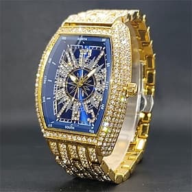 Eisige Quarz-Uhr Geschenk für Männer Frauen Große Armbänder Voll-Diamant Quarzuhren Männer Blaue Ziffernblatt Hip Hop Zubehör Wasserdicht Reloj Hombre