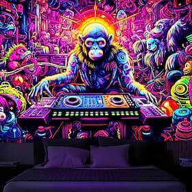 Blacklight Tapestry UV Reactive Glow in the Dark DJ Chimpanzees Animal Trippy Misty Nature Landscape Glow Party Hanging Tapestry Wall Art Mural for Living Room