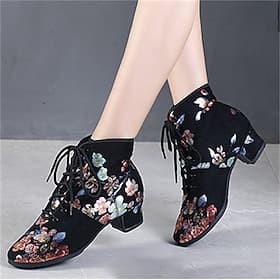 Black Floral Lace-up Dance Shoes for Women – Comfortable Low Heel, Perfect for Latin, Ballroom, and Social Dancing