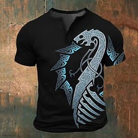 Men's Graphic Viking T Shirt Henley Shirt Short Sleeve 3D Print Fashion Classic Retro Vintage Sports Outdoor Holiday Going out Spring  Summer Blue Red Purple G